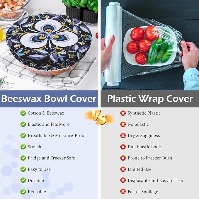 5-Size Reusable Beeswax Bowl Covers for Bread Proofing, Cotton Cloth Flexible Beeswax Wraps for Food Storage