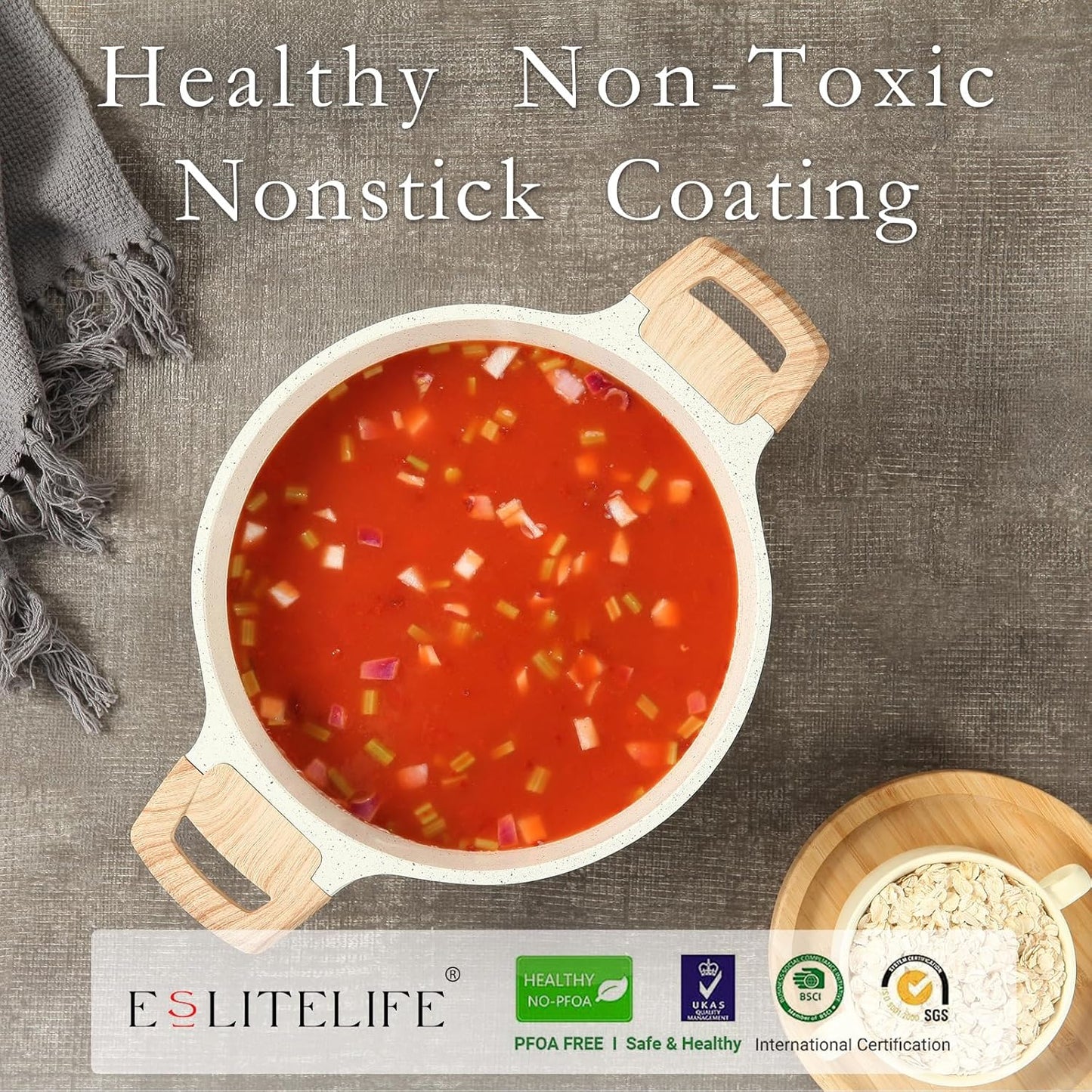 ESLITE LIFE Nonstick Stock Pot with Lid, 3 Quart Granite Casserole Small Soup Pot Pasta Cooking Pot, Induction Compatible, PTFE & PFOA Free, White - Culinary Roots