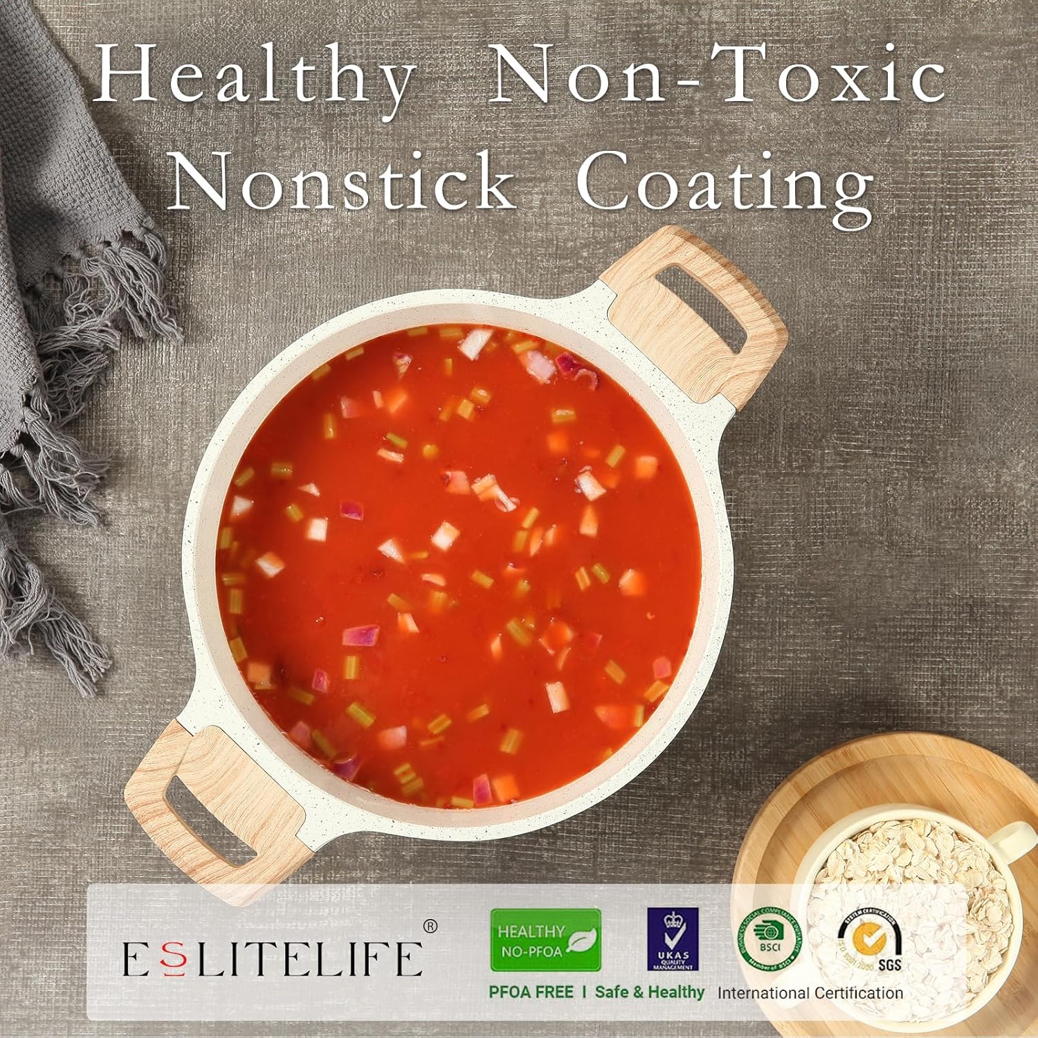 ESLITE LIFE Nonstick Stock Pot with Lid, 7 Quart Granite Casserole Large Soup Pot Pasta Cooking Pot, Induction Compatible, PTFE & PFOA Free, White - Culinary Roots