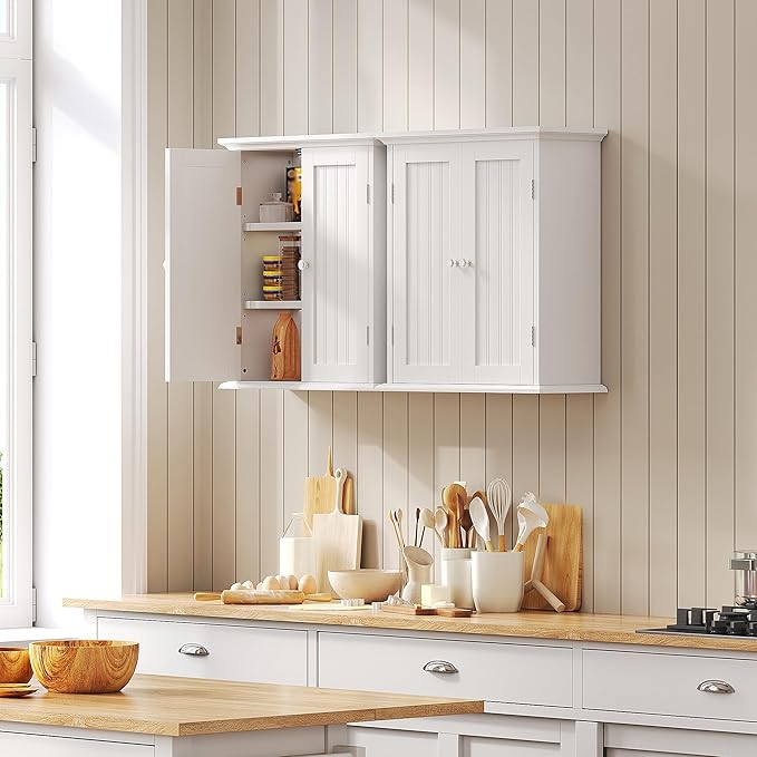 ChooChoo Bathroom Wall Cabinet Set of 2, Over The Toilet Space Saver Storage Cabinet, Medicine Cabinet with 2 Door and Adjustable Shelves, Cupboard, White