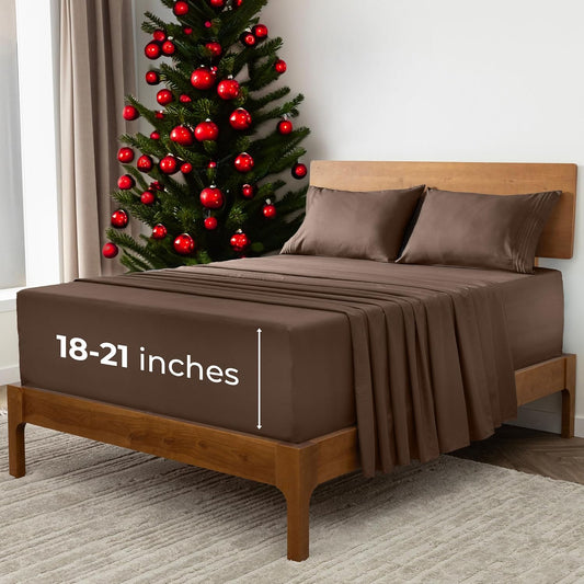 Mellanni Extra Deep Full Sheets - 4 PC Iconic Collection Bedding - Hotel Luxury, Ultra Soft, Cooling Bed Sheets - Wrinkle, Fade, Stain Resistant (Full, Brown)