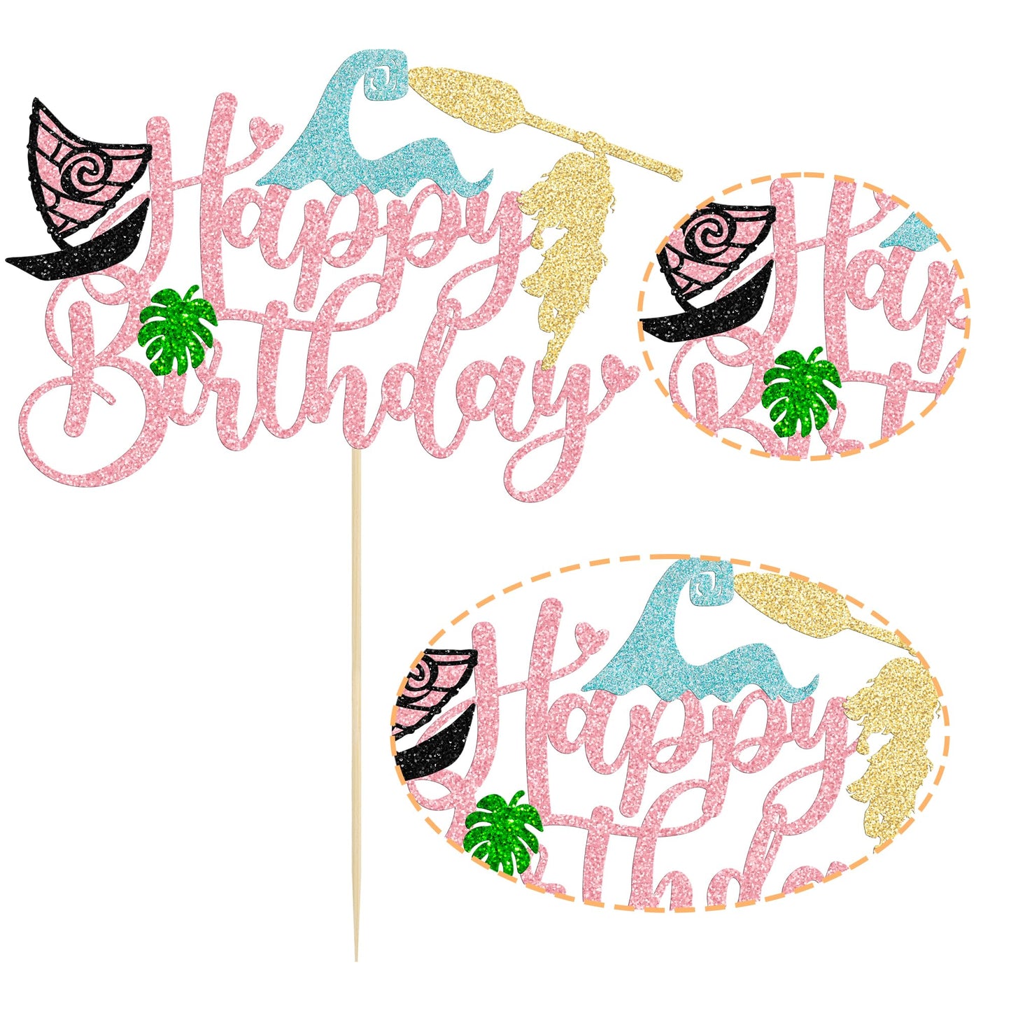 1Pcs Summer Cake Topper Glitter Tree Flower Happy Birthday Cake Pick Decoration for Tropical Hawaiian Luau Theme Baby Shower Kids Birthday Party Cake Decorations Supplies Pink