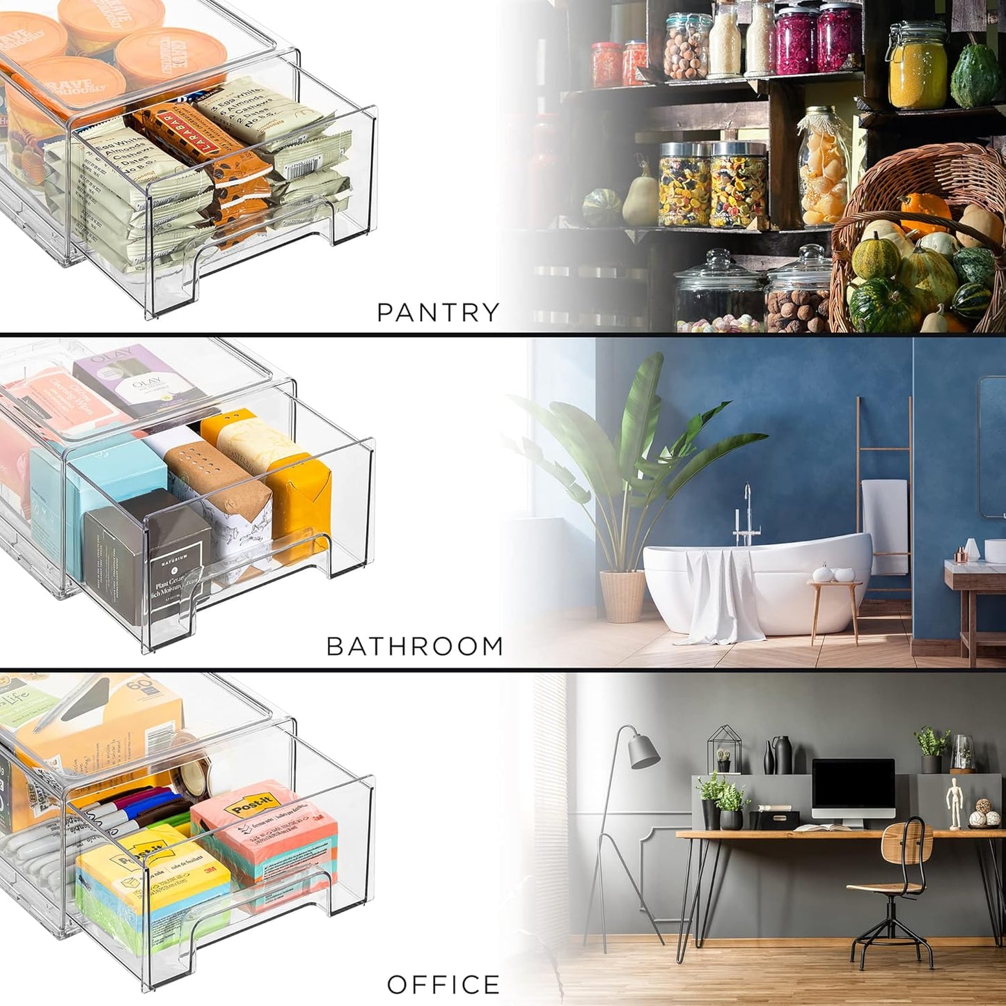 Sorbus Medium Clear Storage Drawers (2 Pack) – Stackable Organizer Drawers for Fridge, Pantry, Kitchen – Pull-Out Storage Bins with Handles, Slide Out Acrylic Drawers