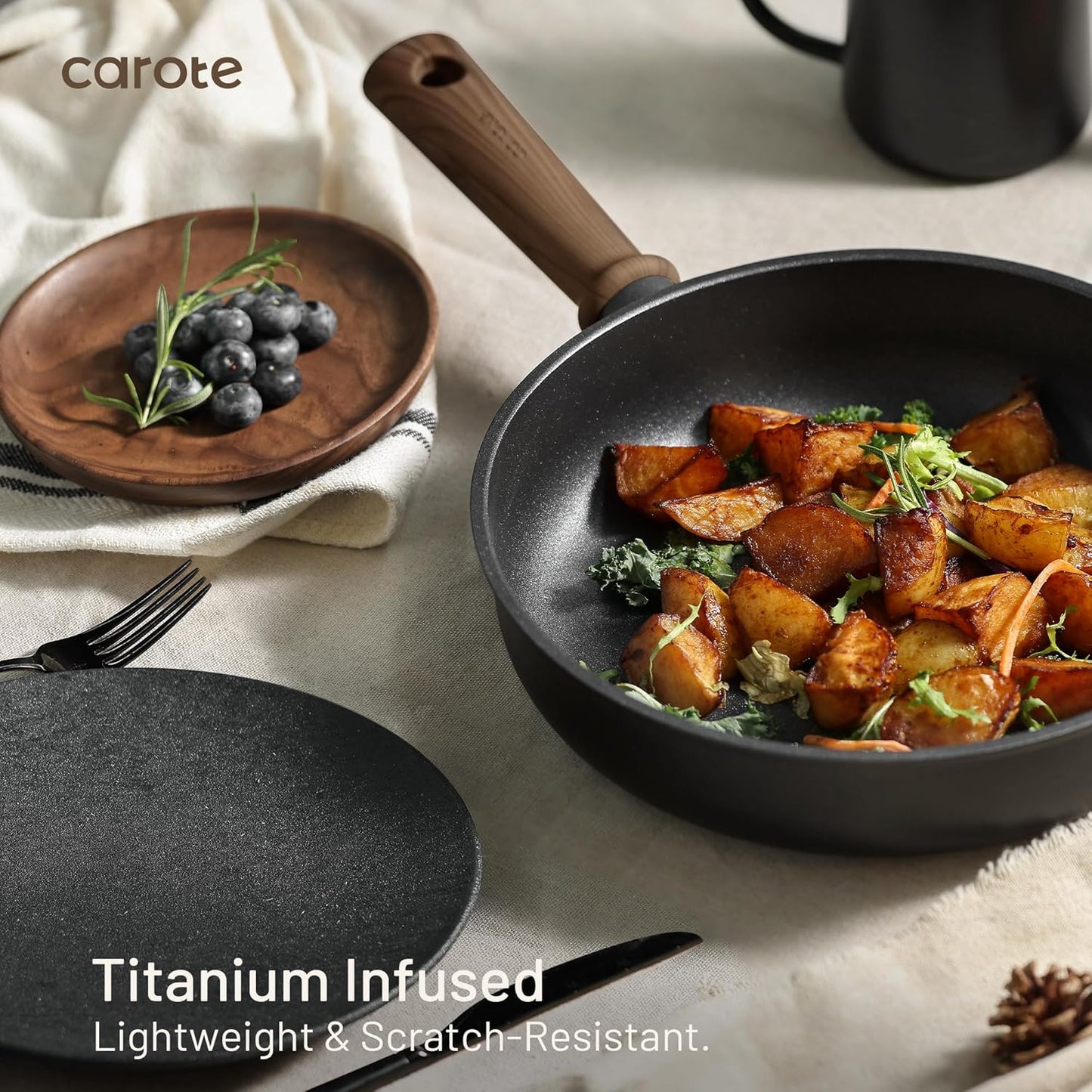 CAROTE Nonstick Kitchen Cookware Sets, Non stick Pots and Pans set, Induction Cookware Set 17pcs Black