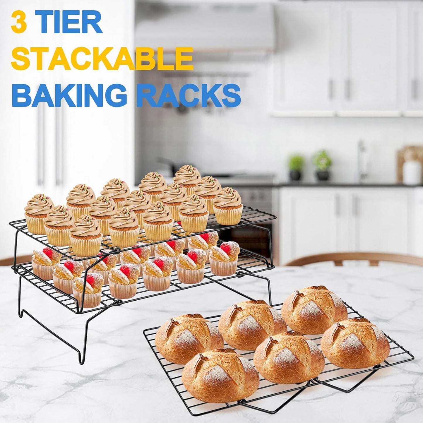 P&P CHEF 3-Tier Cooling Rack Set, Stackable Stainless Steel Baking Cooling Roasting Cooking Racks for Cake, Pastry, Bread, Meat, Bacon, Collapsible & Thick Wire, Oven Safe, 15" x10", Black - Culinary Roots
