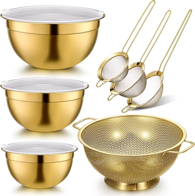 Baderke 7 Pcs Gold Kitchen Accessories Includes Stainless Steel Colander with Handles, 3 Gold Mixing Bowls with Airtight Lids and 3 Fine Mesh Strainer(Colander: 5 Qt, Mixing Bowls: 1.5/2/3 Qt)