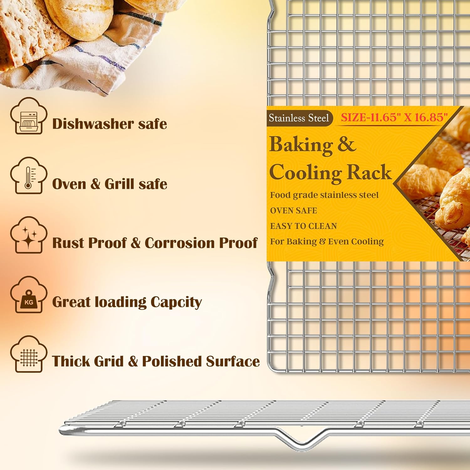 2PCS Cooling Racks for Cooking and Baking -11.65''x16.85''Heavy Duty Stainless Steel Wire Rack for Baking, Grilling, Roasting - Oven & Dishwasher Safe - Fits Half Sheet Pan（Silver） - Culinary Roots