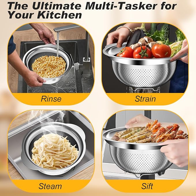 Colander, Stainless Steel Colander for Kitchen, 3Pcs Kitchen Gadget Food Strainer Basket with Handle, Kitchen Strainer Colanders Bowl for Pasta Noodles Spaghetti Vegetables Fruit (1QT, 2QT, 5QT)