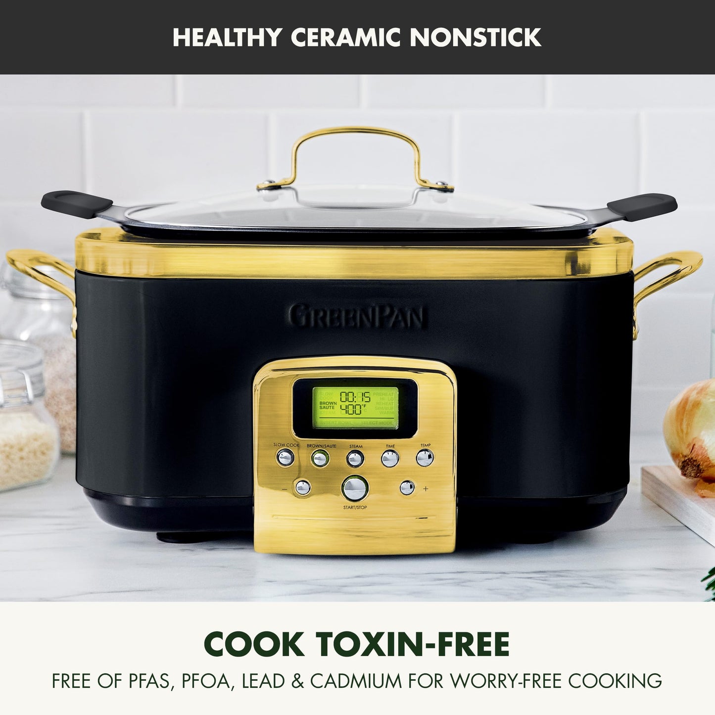Elite 8-in-1 Programmable 6QT Electric Slow Cooker, Dishwasher Safe Lid & Removable Crock, PFAS-Free Healthy Ceramic Nonstick Multi-Cooker, Sear, Sauté, Brown, Steam Basket, Roast, Gold
