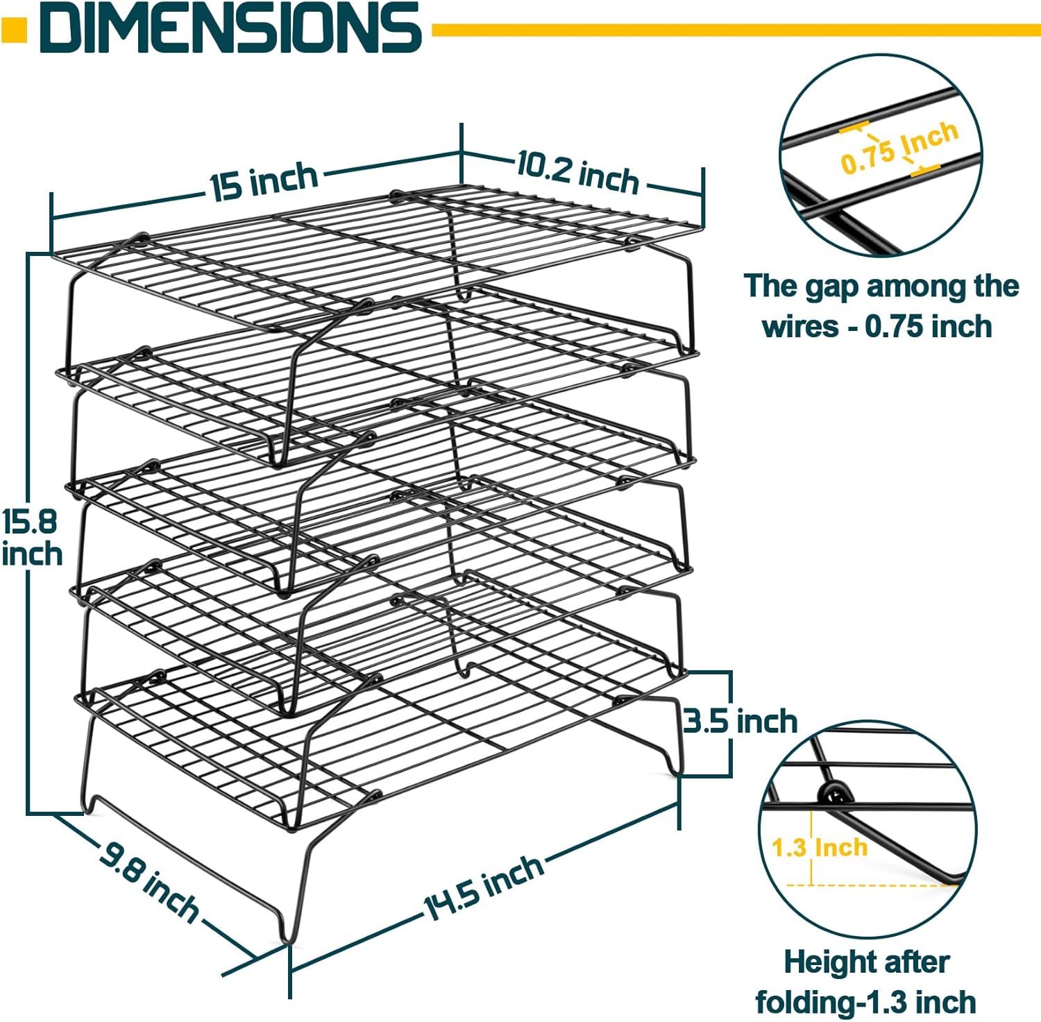 P&P CHEF Cooling Rack, 5-Tier Stainless Steel Stackable Baking Cooking Racks for Cooling Roasting Grilling, Collapsible & Heavy Duty, Oven Safe & Easy Clean, 15" x 10", Black - Culinary Roots