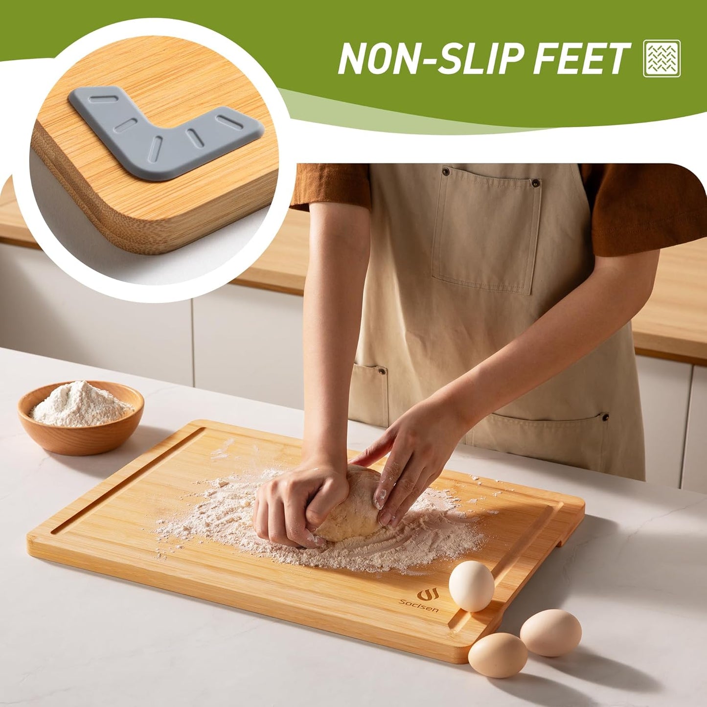 Bamboo Cutting Board Set Non Slip Feet Wood Cutting Boards for Kitchen with Juice Grooves & Built-in Handles, Ideal Charcuterie & Chopping for Meat, Vegetables and Fruits Kitchen Gift for Home Cooks