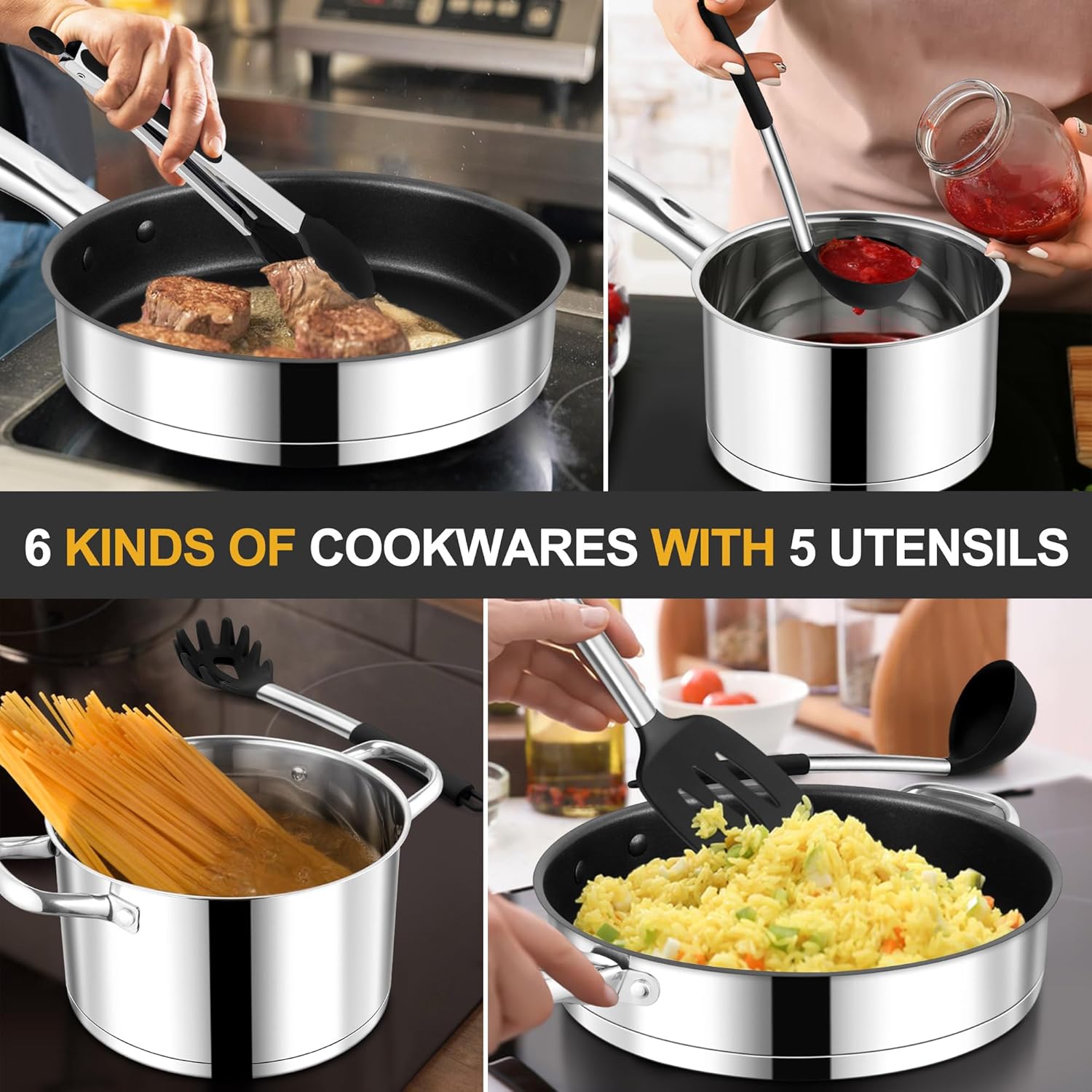 E-far 15-Piece Stainless Steel Cookware Set, 3-Ply Base Kitchen Pots and Pans Set, Non-toxic Induction Cooking Set Including Nonstick Frying Pan Saucepan, Oven & Dishwasher Safe, All Stoves Compatible - Culinary Roots