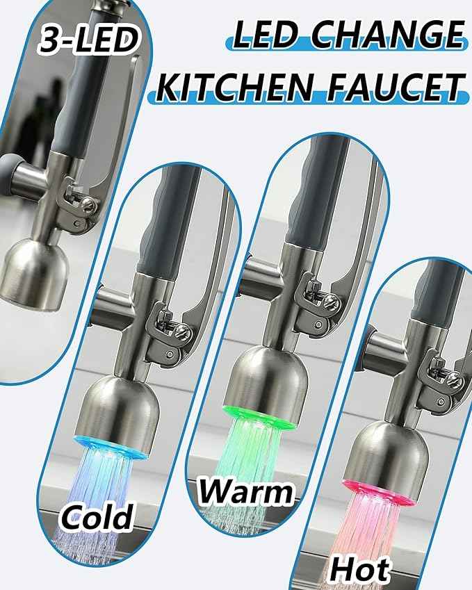 Fapully Commercial Single Handle Pull Down Sprayer Brushed Nickel Kitchen Faucet, Kitchen Sink Faucet with LED Light