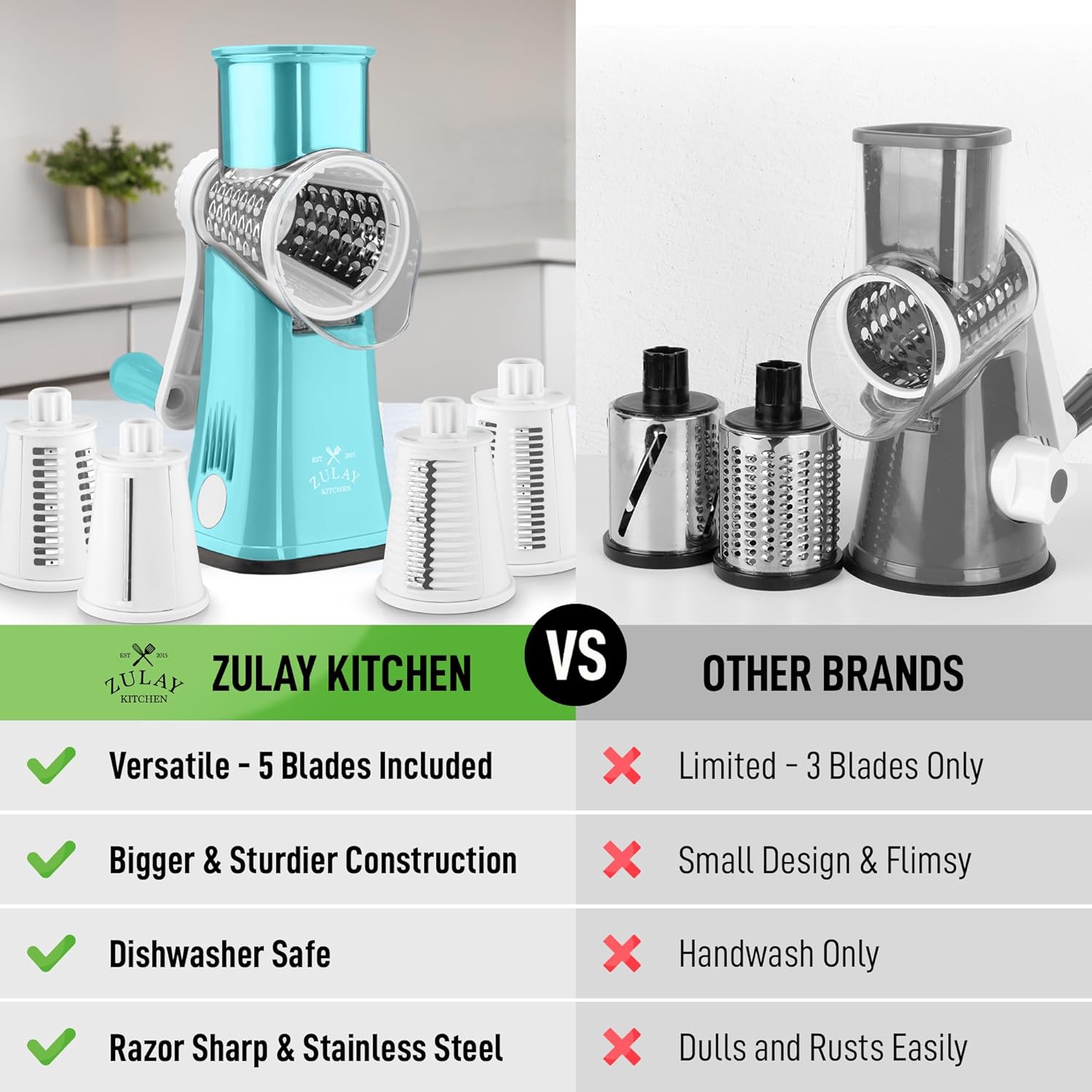 Zulay Kitchen Rotary Cheese Grater 5 Blade Cheese Shredder - Manual Hand Crank Cheese Grater With Reinforced Suction & 5 Interchangeable Drums - Easy to Use, Vegetable Chopper Round Mandoline Slicer - Culinary Roots