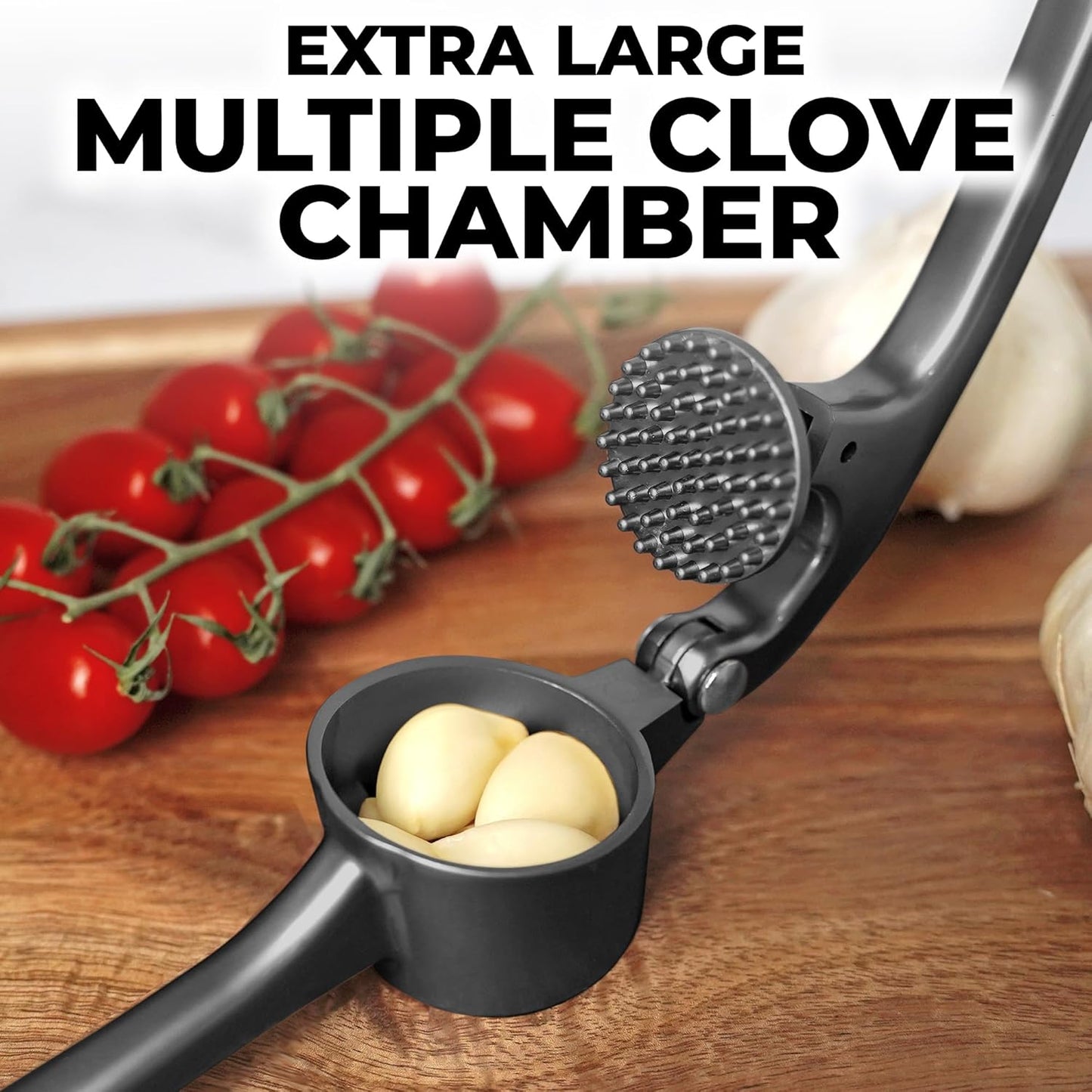 Zulay Kitchen Large Premium Garlic Press Set - Bigger Bowl for Bigger Garlic - Rust Proof & Dishwasher Safe Garlic Mincer Tool - Easy-Squeeze, Easy-Clean Silicone Garlic Peeler & Brush (Dark Gray) - Culinary Roots