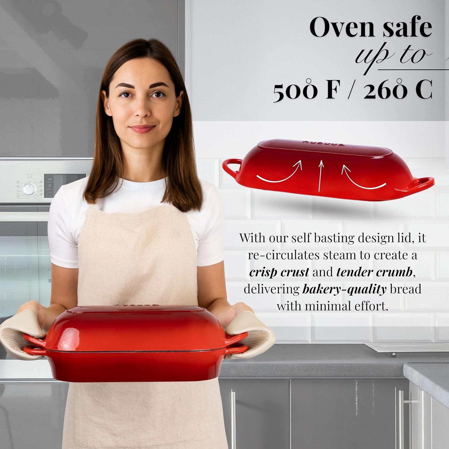 Enamelled Cast Iron Bread Loaf Pot – Dutch Oven For Sourdough Bread Baking – Oven Safe Non Stick Bread Pot – Rectangular, Red, 34cm x 16cm – by Nuovva - Culinary Roots
