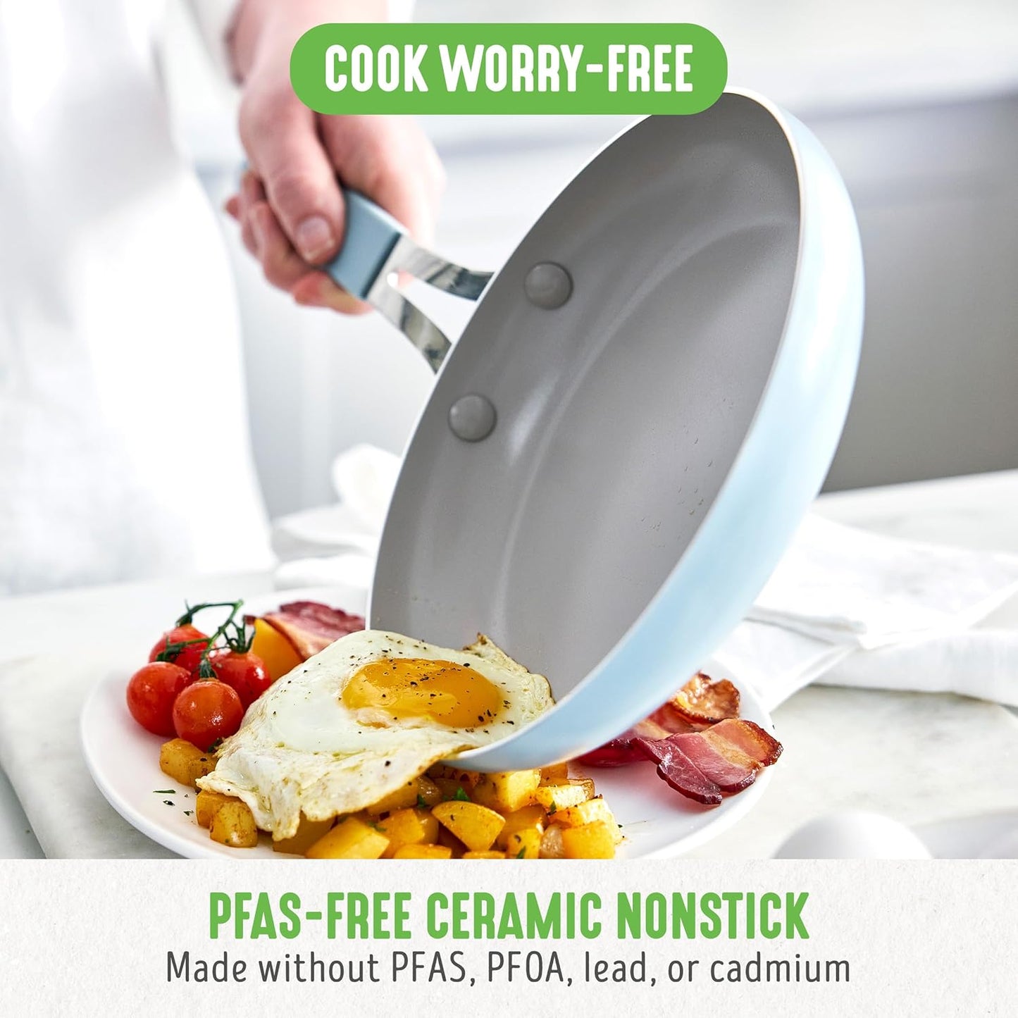 GreenLife 8” & 10” 2 Piece Nonstick Ceramic Frying Pan Set, Lightweight Healthy PFAS-Free Skillets, Dishwasher & Oven Safe, Durable Body, Silicone Stay-Cool Handles, Easy Release, Blue Haze - Culinary Roots