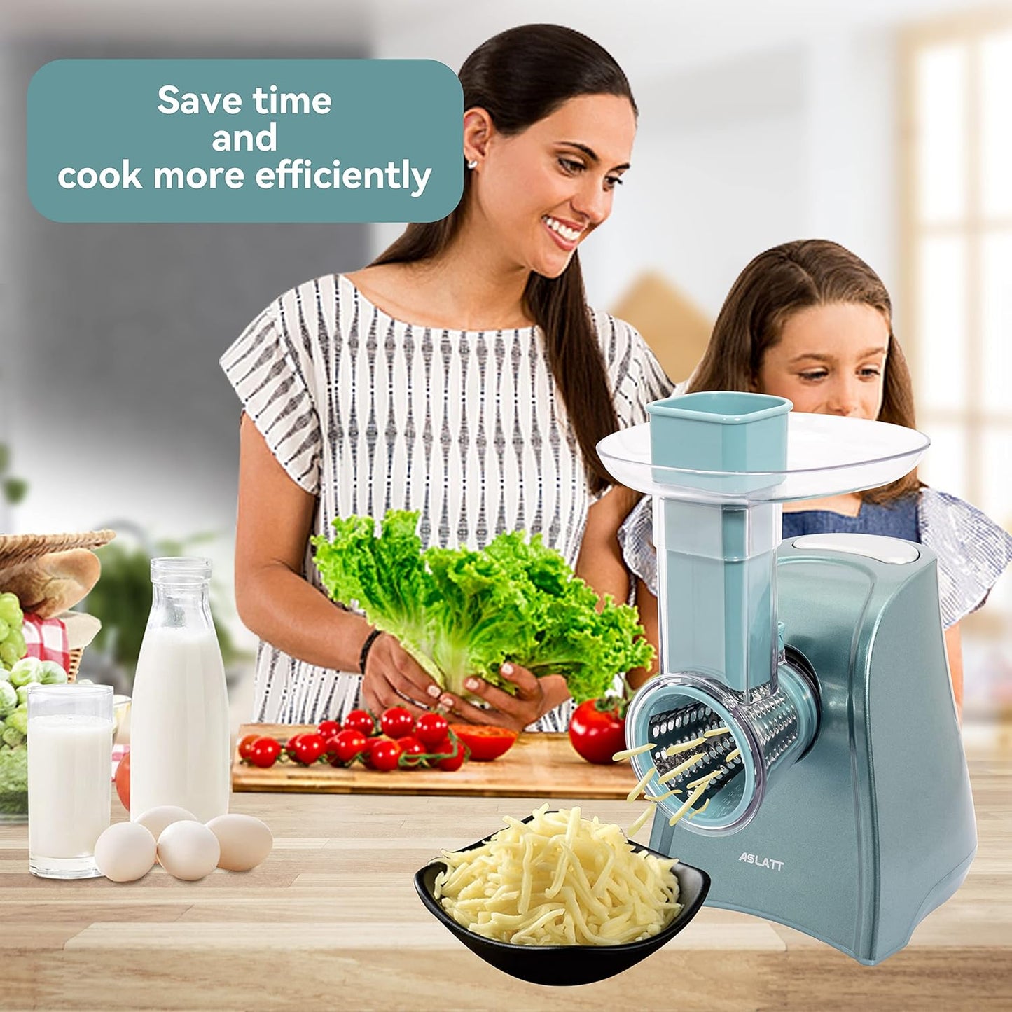 One-Touch Control Cheese Grater Machine - Electric Shredder for Vegetables, Fruits, Potato - Salad Maker with 5 Free Attachments, Green - Culinary Roots