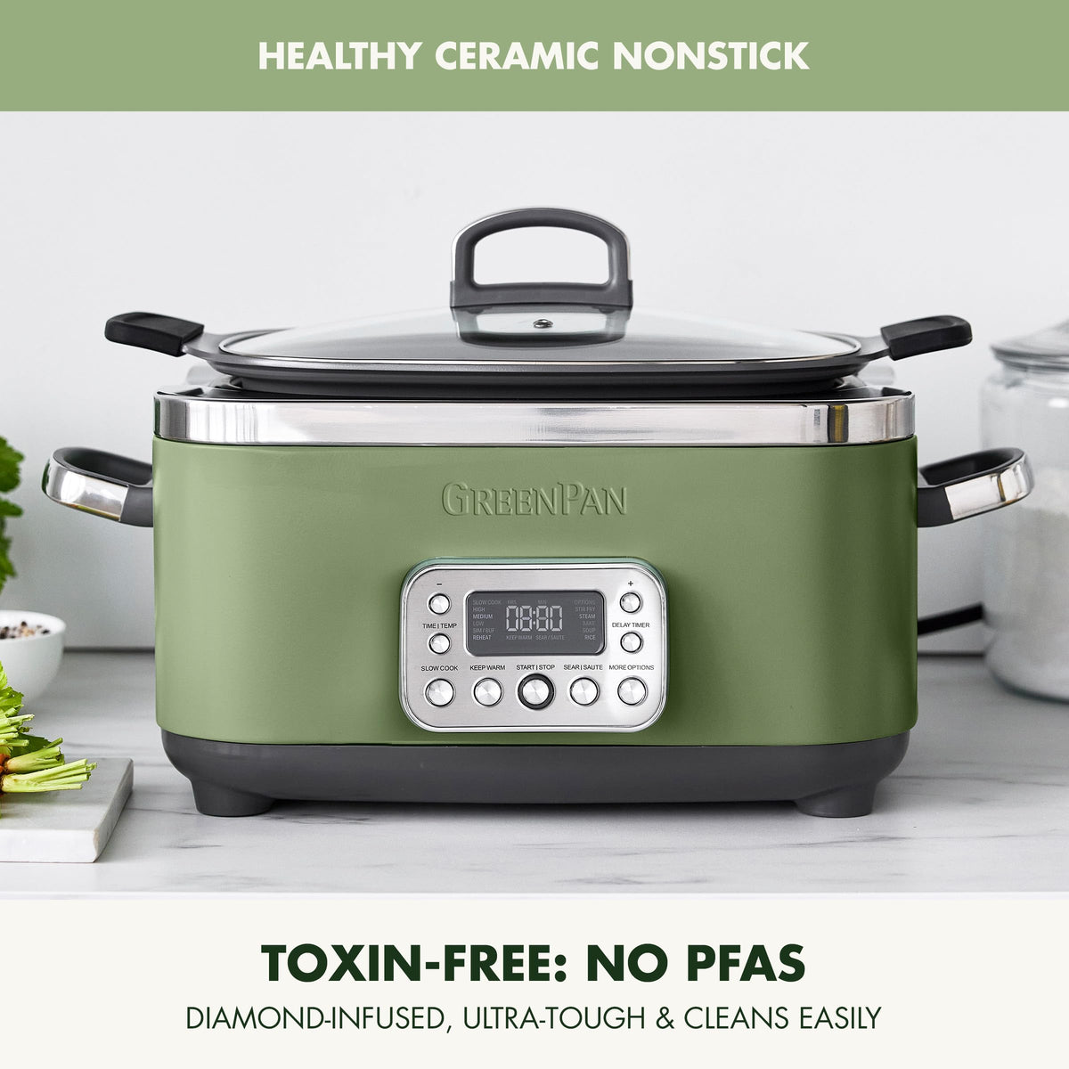 Elite 14-in-1 Nonstick 6QT Electric Slow Cooker, PFAS-Free Ceramic Multi-Cooker, In-Pot Browning, Dishwasher Safe Lid & Removable Crock, Stainless Steel Steamer, Silicone Handles, Sage Green