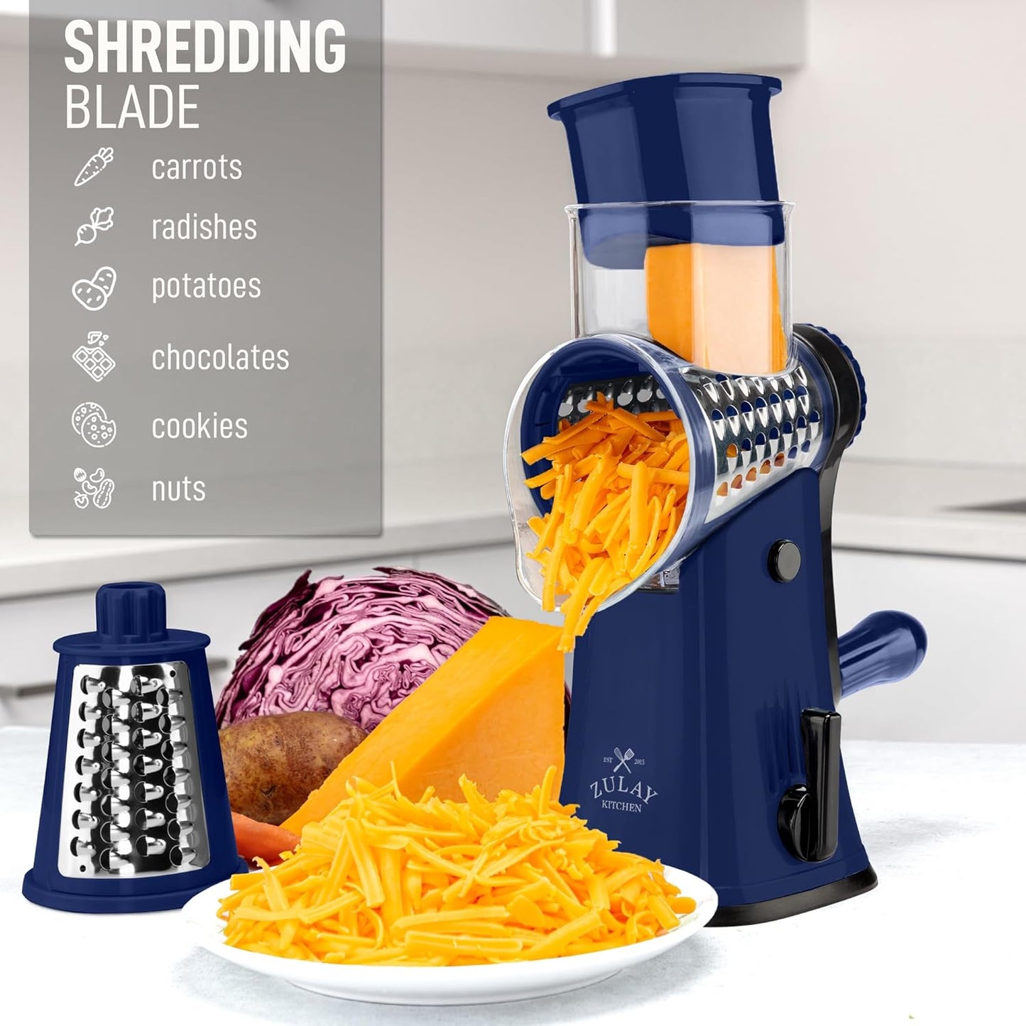 Zulay Kitchen Rotary Cheese Grater 5 Blade Cheese Shredder - Manual Hand Crank Cheese Grater With Reinforced Suction & 5 Interchangeable Drums - Easy to Use, Vegetable Chopper Round Mandoline Slicer - Culinary Roots