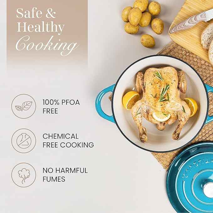 Nuovva Enamelled Cast Iron Dutch Oven Pot with Lid 6.4 Quart Non Stick Casserole Pot – Heavy Duty & Oven Safe up to 500° F for Bread Baking, Braising, Stews, Roasting – 28cm Light Blue