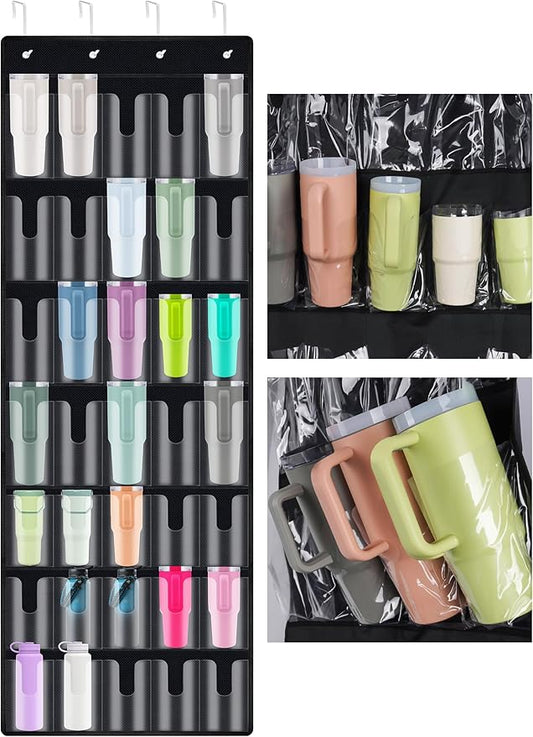 NiHome 35-Pocket Large Capacity Door Cup Organizer for Stanley Tumblers 30oz, 40oz, Door Hanging Water Bottle Storage with Double-Sided Tape Stabilizer, Waterproof Oxford Fabric, Transparent, BPA-Free