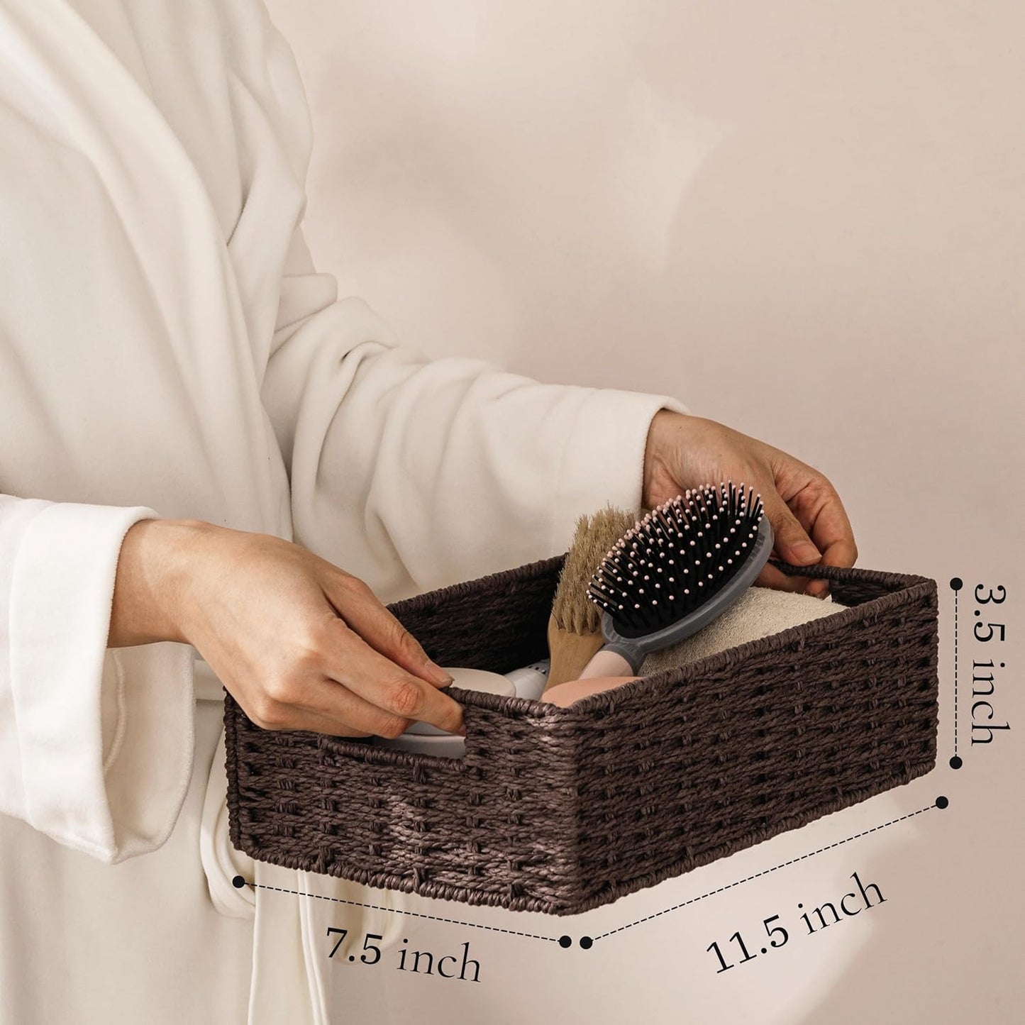 UBBCARE 2 Pack Wicker Basket, 11.5L×7.5H×3.5W inch Woven Paper Rope Storage Baskets for shelves, Foldable Rectangular Storage Baskets with Handle, Storage Basket for Organizing, Dark Brown