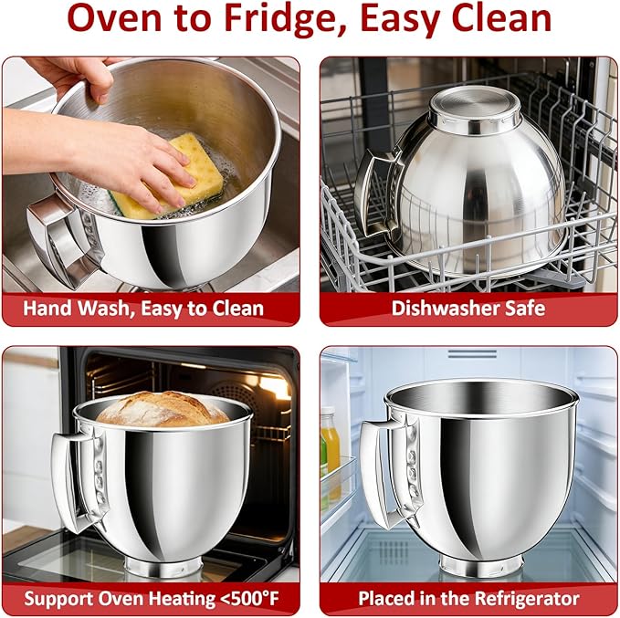 5QT Stainless Steel Mixer Bowl Compatible with KitchenAid Bowls for Mixer, Artisan&Classic Series 4.5-5QT Tilt-Head Mixers, Kitchen Gadgets Mixer Bowl with Handle,Metal Bowl for Kitchen Mixing Bowl