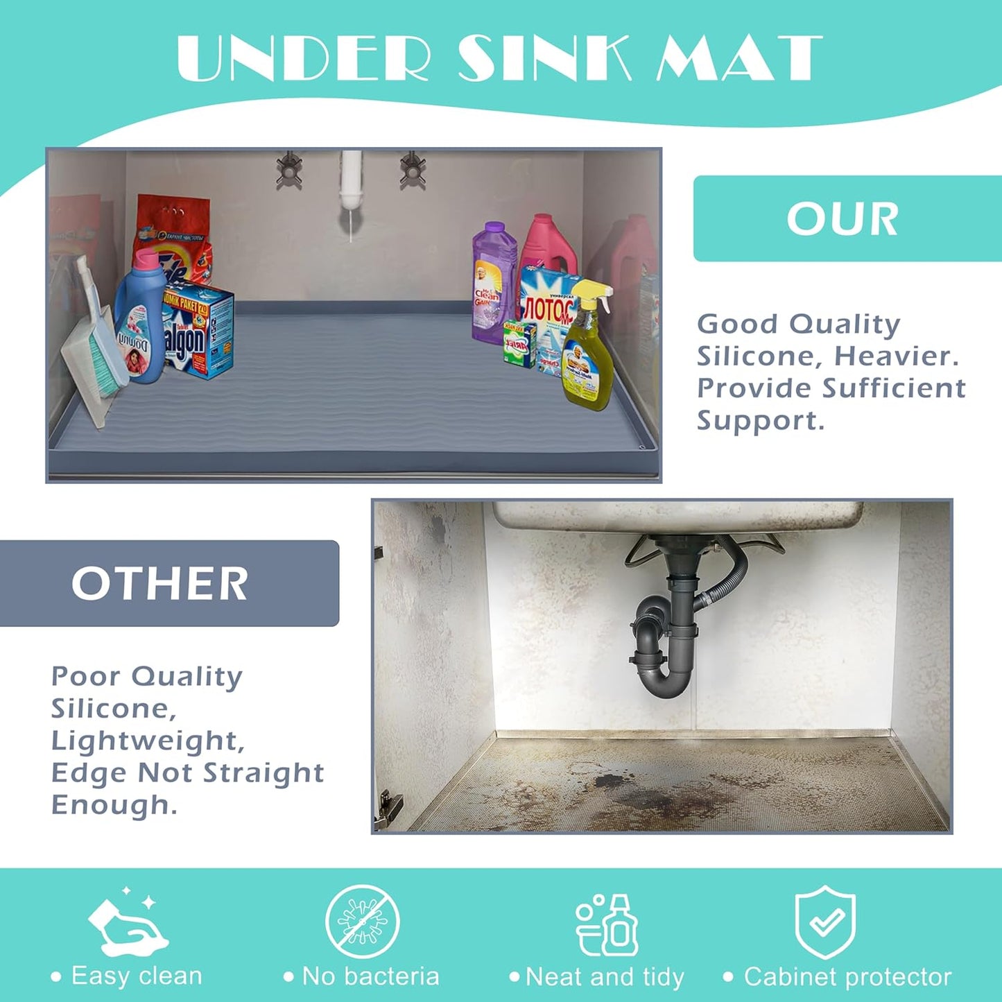 URMONA Waterproof Silicone Under Sink Mat 22'' x 22'' Shelf Liner for Kitchen and Bathroom, Cabinet and Counter Protector, Storage and Organizers, Litter Mat, Pet Cat Puppy Essentials(Beige)
