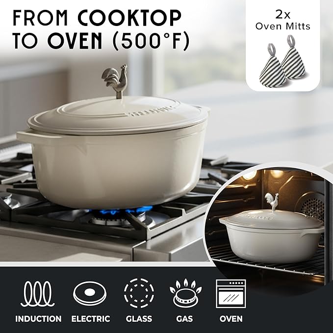 MUELLER HOME 5.5 Quart Enameled Cast Iron Oval Dutch Oven with Rooster Knob & Cotton Potholders, Heavy-Duty Cookware, Oven-Safe up to 500° F & Across All Cooktops, Gifts for Grandma & Women, White