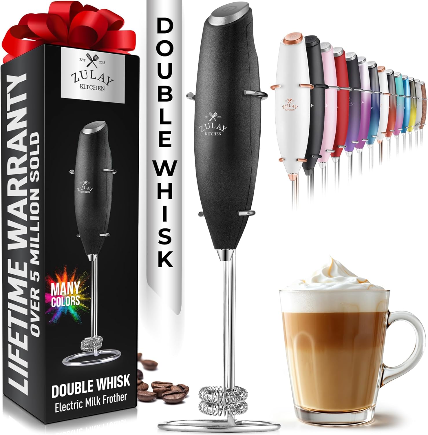 Zulay Kitchen Powerful Double Whisk Milk Frother Handheld - Foam Maker With Stand - Whisk Drink Mixer for Coffee, Mini Foamer for Latte, Matcha, Frappe, Hot Chocolate & Cappuccino (Metallic Black) - Culinary Roots