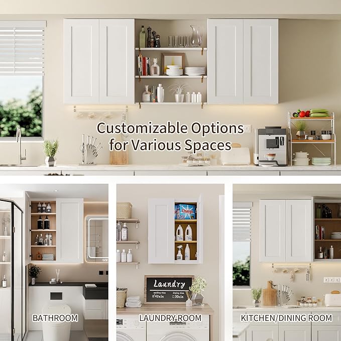 33 Inch Laundry Room Cabinets Wall Mounted, Solid Wood Over The Toilet Storage Cabinet, Bathroom Organizer Cabinets with 2 Shaker Door & Shelves, Easy to Assemble for Kitchen, Garage - White