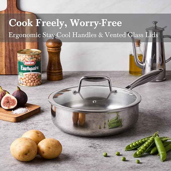 Stainless Steel Cookware Set - VONIKI Tri-ply Stainless Pots And Pans Set with Steamer Basket, Non Toxic Induction Cookware, Kitchen Cookware Sets PFOA & PTFE Free, Dishwasher and Oven Safe