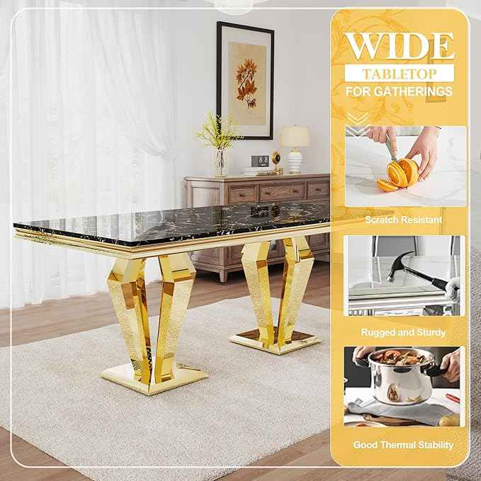 AF ARTISAN FURNITURE 7 Piece Luxury Dining Room Set, Modern Dining Table and Upholstered Chairs Set, Marble Kitchen Table Set for 6, Big Kitchen Dinner Tables Kit with Gold Base
