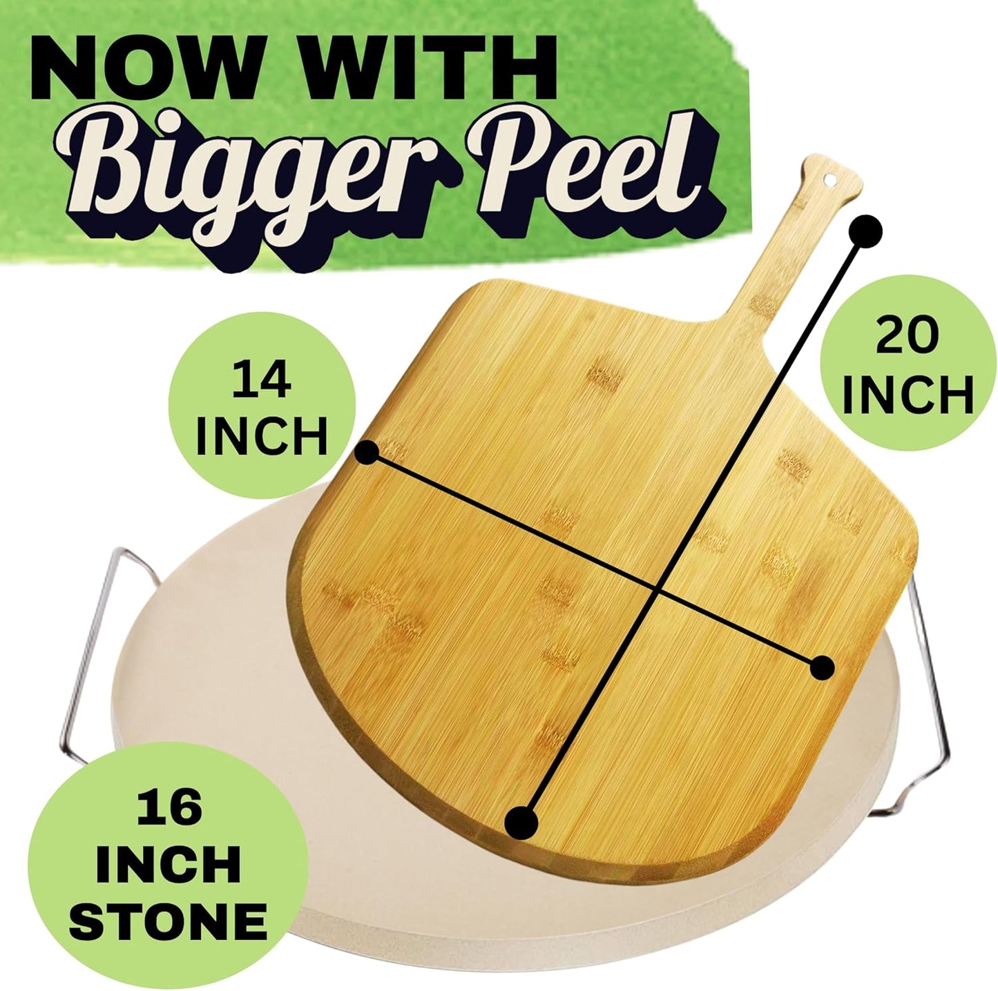 Large Pizza Stone for Oven 16 inch - Round Pizza Stone for Grill with Handles, Wood Pizza Peel and Cutter Set - Baking Stone for Bread - Pizza Making Kit Accessories - Gifts for Food Lovers - Culinary Roots