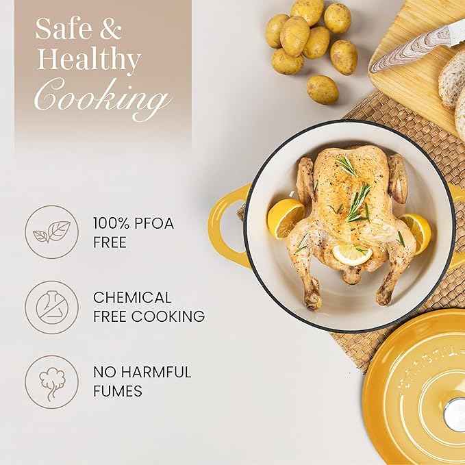 Nuovva Enamelled Cast Iron Dutch Oven Pot with Lid 6.4 Quart Non Stick Casserole Pot – Heavy Duty & Oven Safe up to 500° F for Bread Baking, Braising, Stews, Roasting – 28cm Yellow