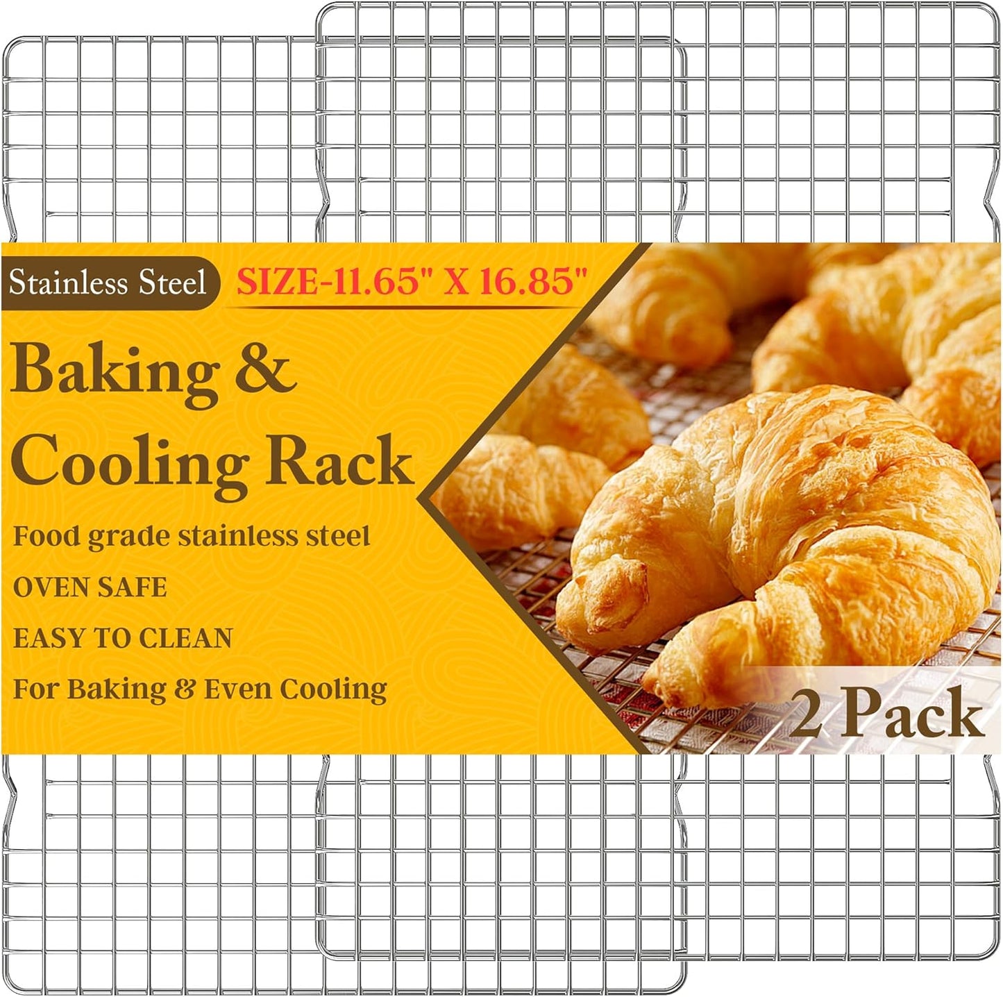 2PCS Cooling Racks for Cooking and Baking -11.65''x16.85''Heavy Duty Stainless Steel Wire Rack for Baking, Grilling, Roasting - Oven & Dishwasher Safe - Fits Half Sheet Pan（Silver） - Culinary Roots