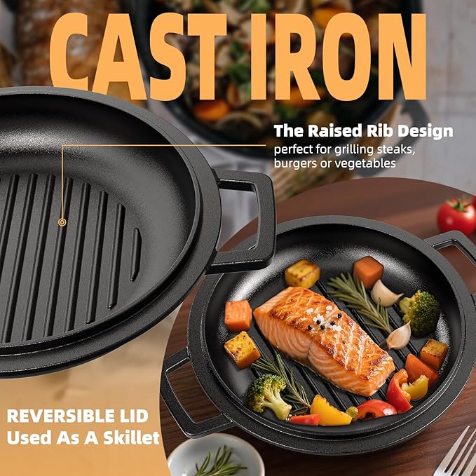 2-in-1 Pre-Seasoned Cast Iron Double Dutch Oven Pot with Skillet Lid - Thumbnail 3