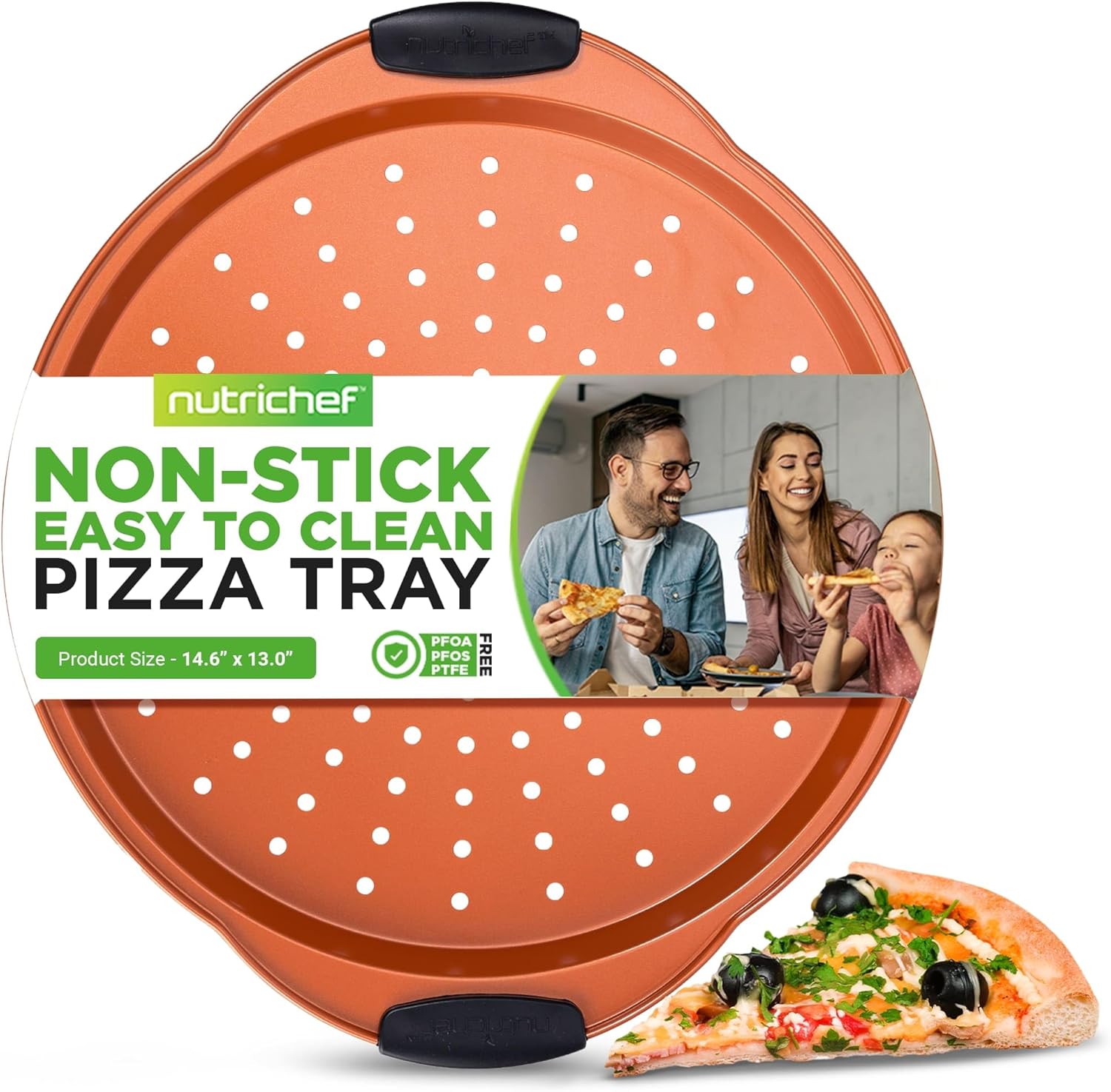 NutriChef 13-Inch Nonstick Pizza Tray - Round Carbon Steel Non-Stick Pizza Baking Pan with Perforated Holes, Premium Bakeware Pizza Screen with Silicone Grip Handles, Dishwasher Safe - Copper - Culinary Roots