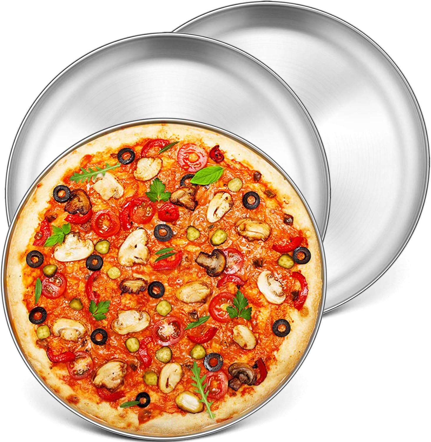 P&P CHEF 13.5 Inch Pizza Pan, 3 Pieces Stainless Steel Round Pizza Tray Dish Plate For Oven Baking Roasting, Healthy & Heavy Duty, Rust Free & Dishwasher Safe -Silver - Culinary Roots