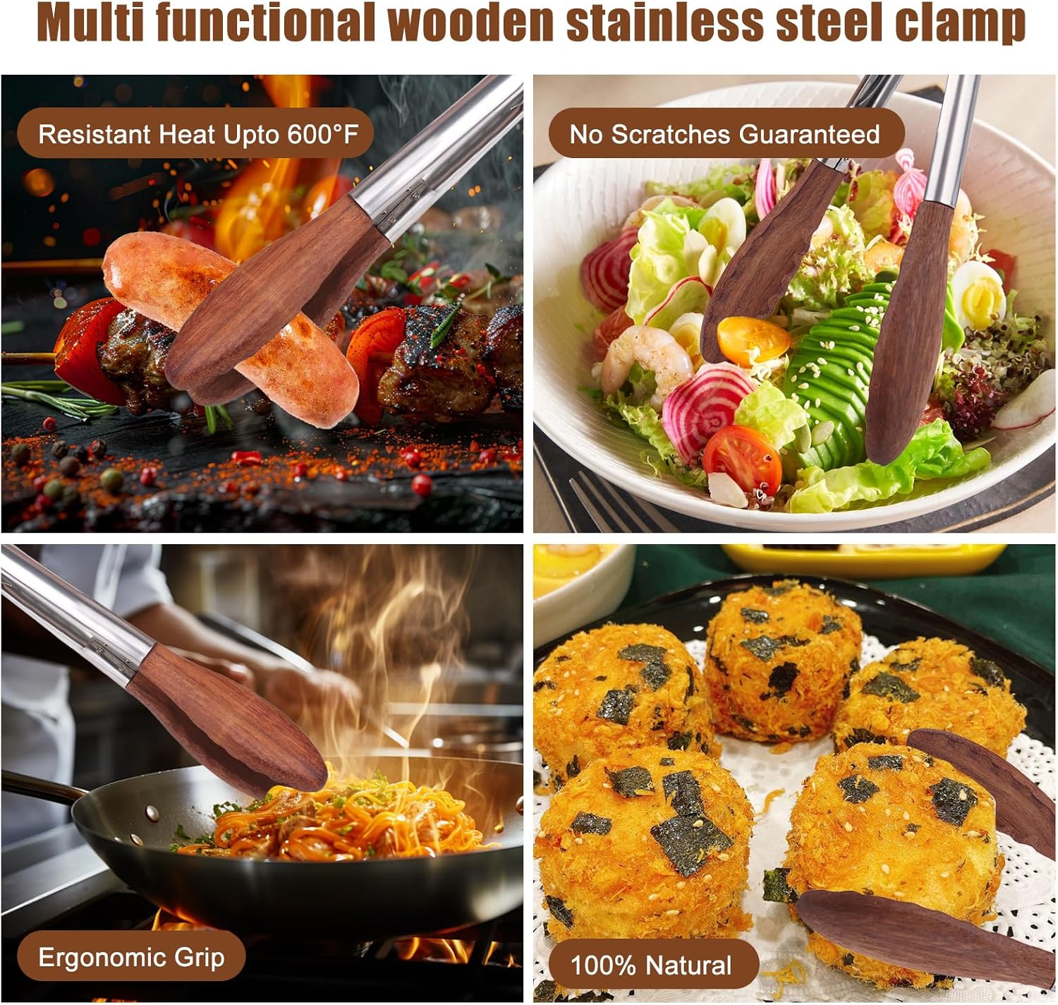 2-pcsTongs for Cooking with Wooden Tips - Nonstick Cooking Tongs & Salad Tongs for Blooming Food，Cooking, BBQ and Tossing Salad - Made of Natural Walnut Wood，Long Style15inch Short Style 11.4inch - Culinary Roots
