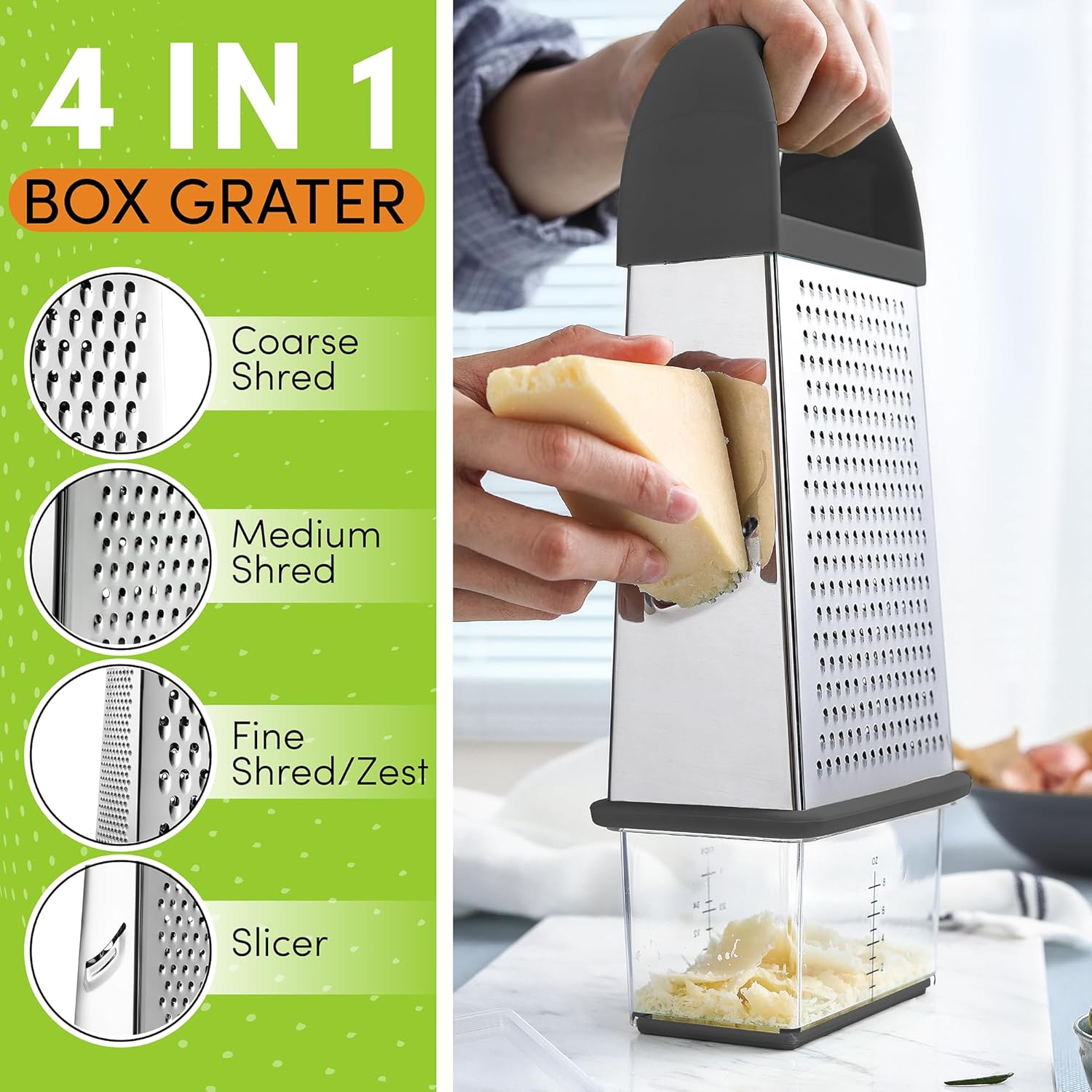 Spring Chef Professional Gray 10" Parmesan Cheese Grater With Container, Stainless Steel & Soft Grip Handle, 4 Sided Kitchen Carrot Shredder, Handheld Box Grater for Potato, Veggie, Ginger, Hashbrown - Culinary Roots