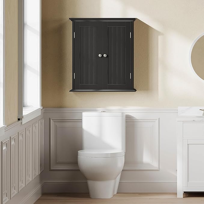 ChooChoo Bathroom Wall Cabinet Set of 2, Over The Toilet Space Saver Storage Cabinet, Medicine Cabinet with 2 Door and Adjustable Shelves, Cupboard, Black