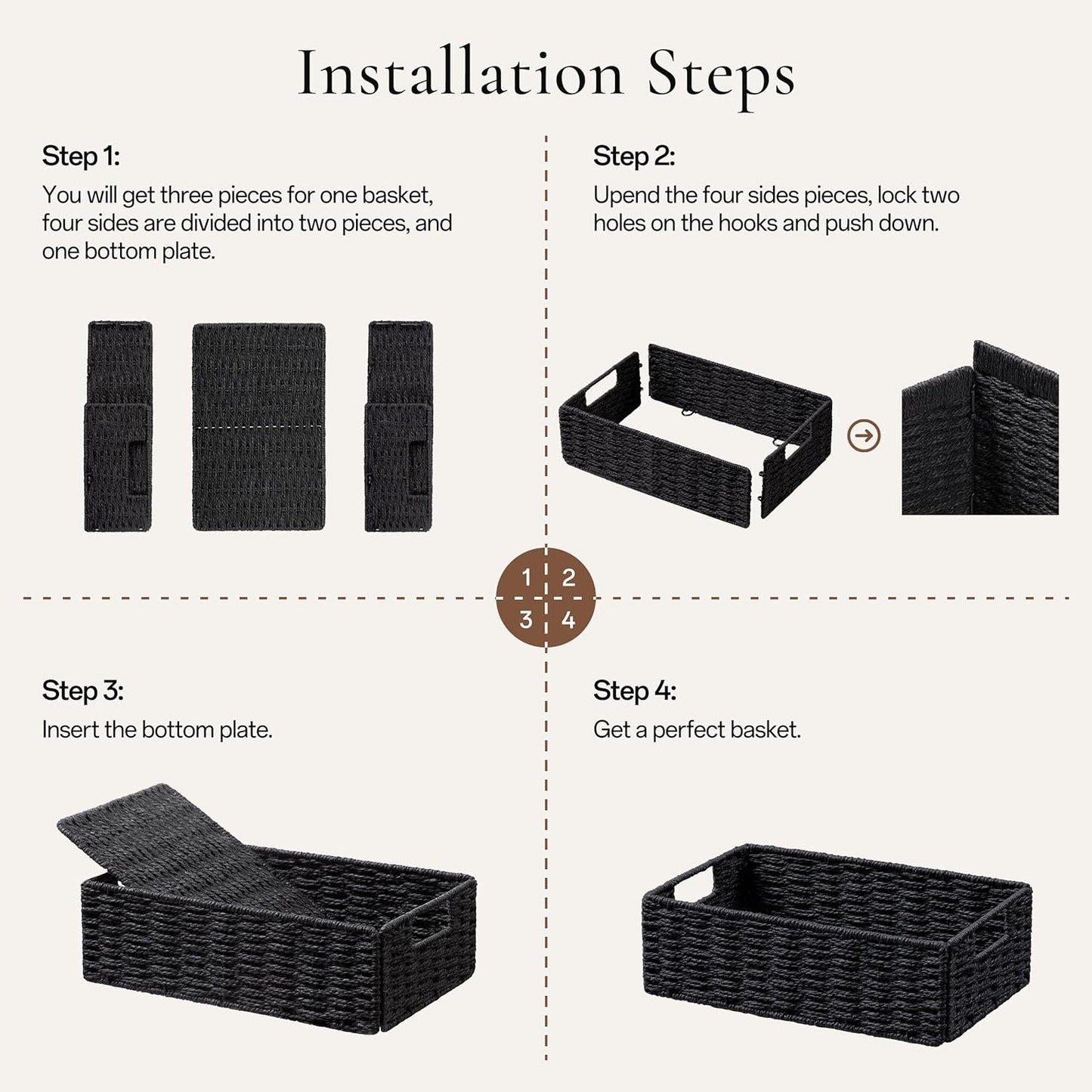 UBBCARE 2 Pack Wicker Basket, 11.5L×7.5H×3.5W inch Woven Paper Rope Storage Baskets for shelves, Foldable Rectangular Storage Baskets with Handle, Storage Basket for Organizing, Black