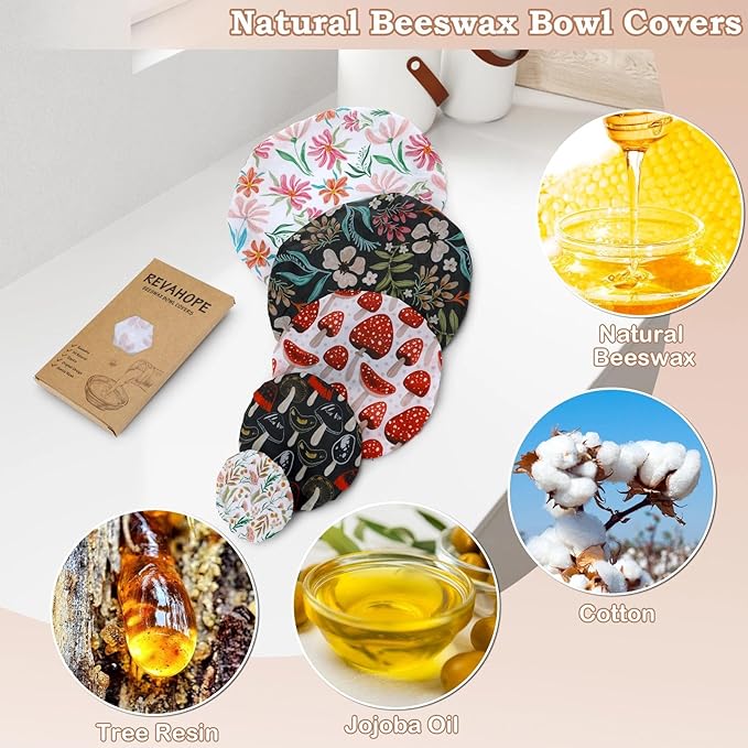 5-Size Reusable Beeswax Bowl Covers for Bread Proofing, Cotton Cloth Flexible Beeswax Wraps for Food Storage(Mushroom)