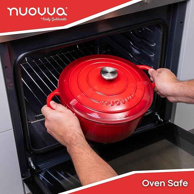 Cast Iron Dutch Oven with Lid – Non-Stick Ovenproof Enamelled Casserole Pot – Sturdy Dutch Oven Cookware – Red, 7.3-Quart, 30cm – by Nuovva