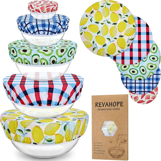 5-Size Reusable Beeswax Bowl Covers for Bread Proofing, Cotton Cloth Flexible Beeswax Wraps for Food Storage(Fruit Grid)