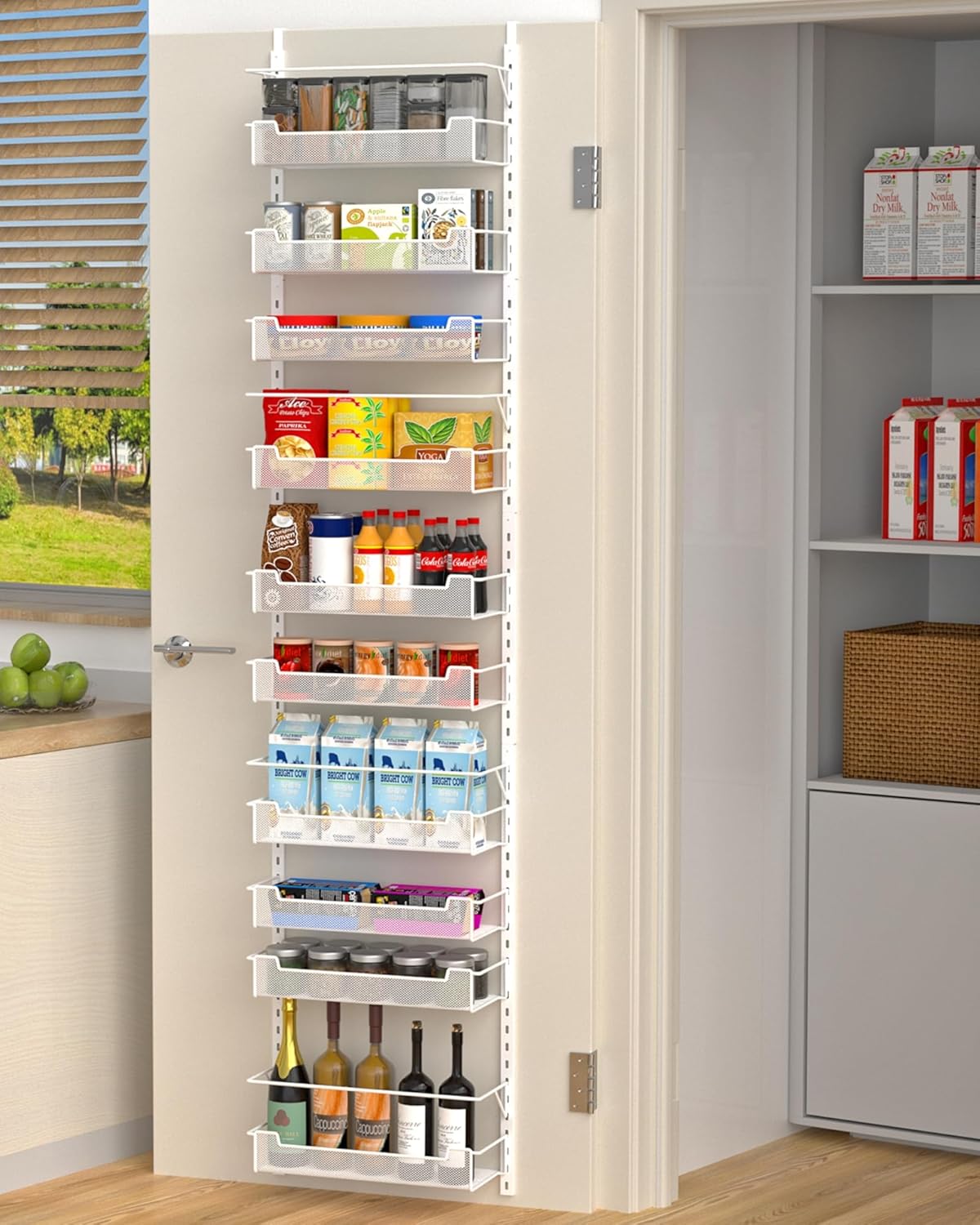 Over the Door Pantry Organizer, 10-Tier Over the Door Organizer with Adjustable Basket, Pantry Door Organization for Pantry Kitchen Storage Room Spice Rack, White