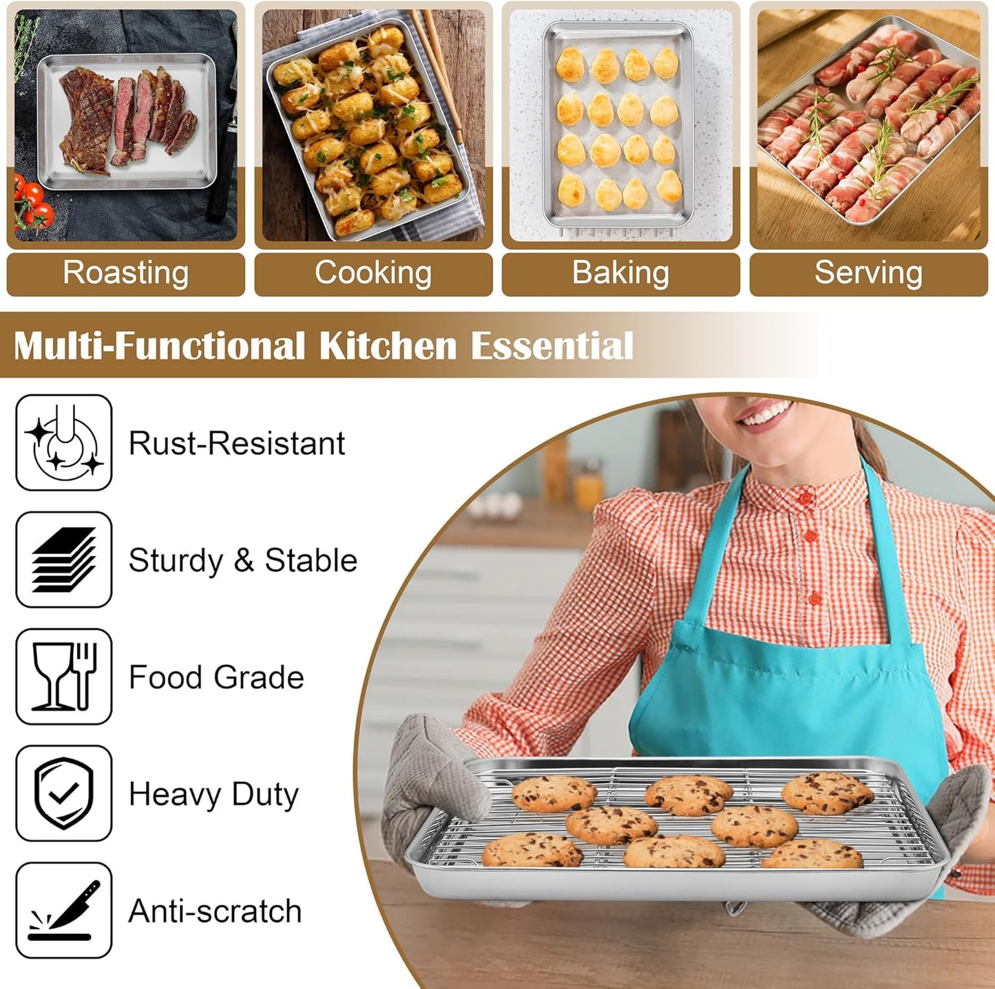 E-far Baking Sheet with Wire Rack (2 Pans + 2 Racks), Stainless Steel Cookie Sheets Pan & Cooling Rack for Baking Cookies Cake, Non Toxic & Heavy Duty, Oven & Dishwasher Safe, 12.4 x 9.7 x 1 Inch - Culinary Roots