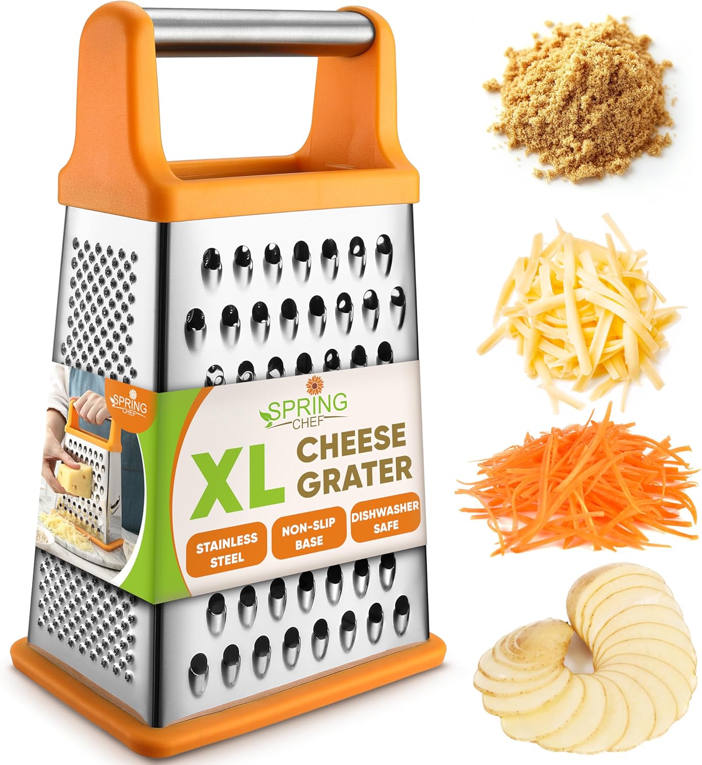 Spring Chef Handheld Stainless Steel XL Parmesan Cheese Grater with Handle - 4 Sided Manual Box Grater for Kitchen - Dishwasher Safe Cheese Shredder for Carrot, Potato, Vegetables, Hash Brown - Mango - Culinary Roots